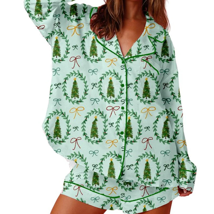 Women Christmas Pajamas Lounge Set Christmas Tree/Santa/Candy Cane Print Long Sleeve Tops and Shorts 2 Piece Loungewear Outfits