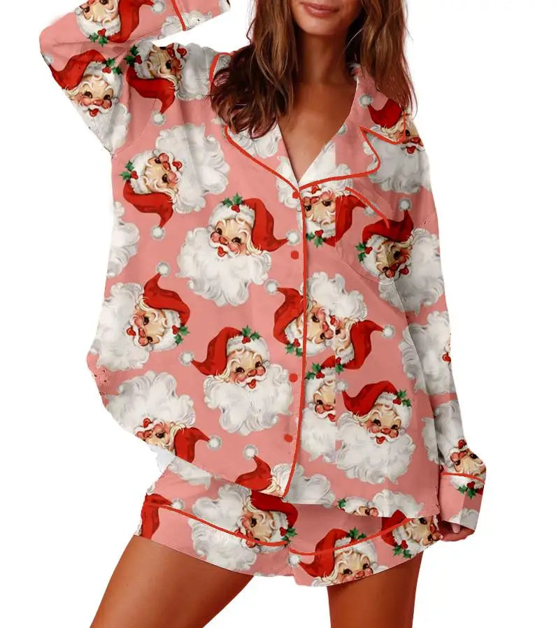 Women Christmas Pajamas Lounge Set Christmas Tree/Santa/Candy Cane Print Long Sleeve Tops and Shorts 2 Piece Loungewear Outfits