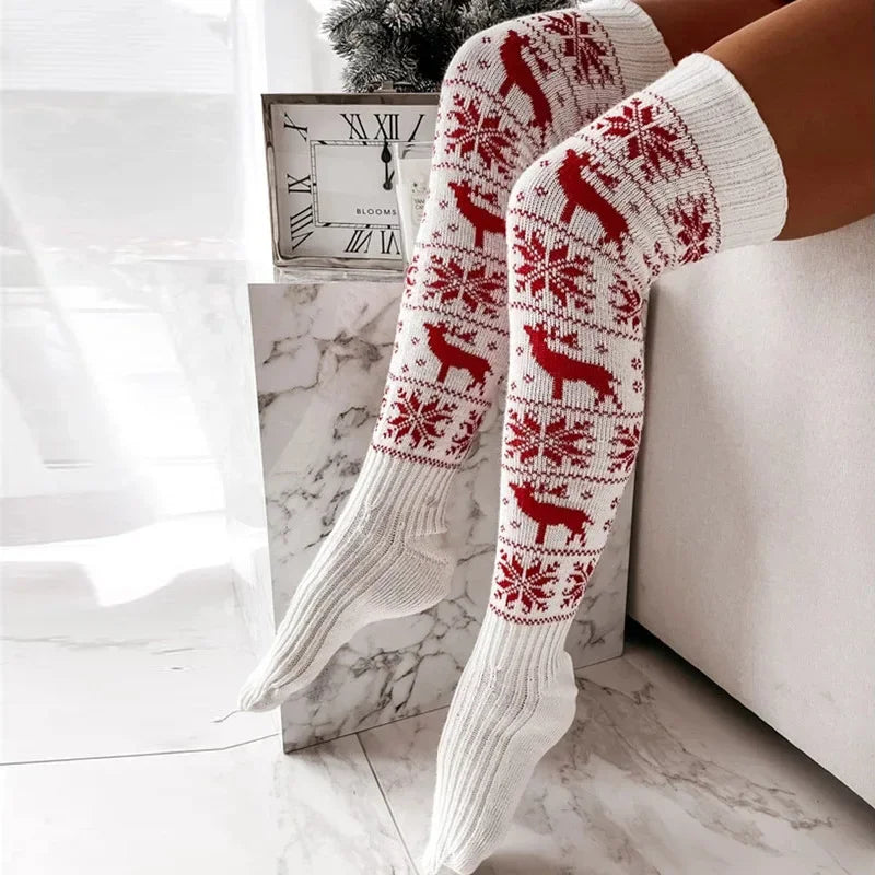 Winter Warm Knitted Women Stocking Beautiful Elk Snowflake Jacquard Over-The-Knee Casual Long Socks for Ladies Gifts Free Size