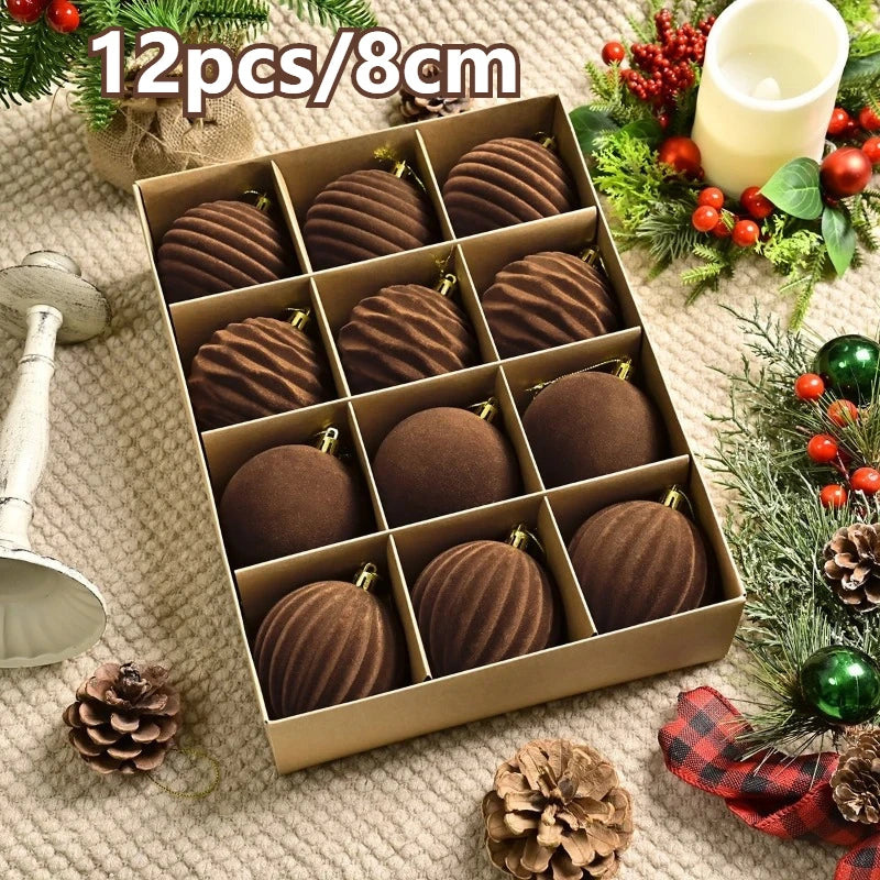 12Pcs 8Cm/3" Brown Christmas Balls Luxury Flocking Xmas Decorative Hanging Ornaments New Year Party Christmas Spheres Pendant Set