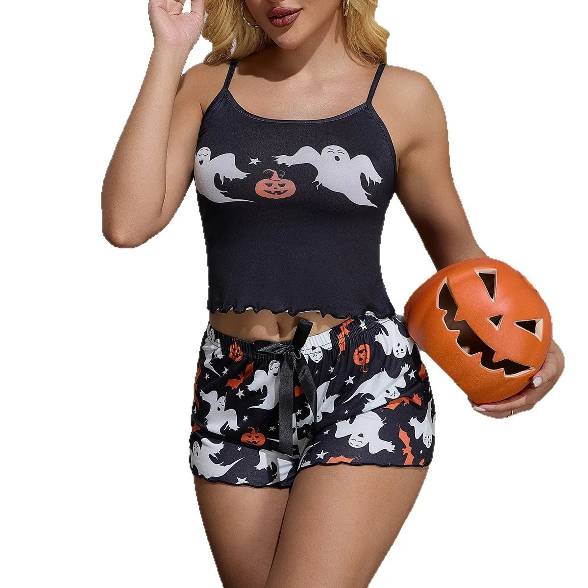 Halloween Best-Selling Pajama Set for Women Featuring Ghost Pumpkin Print with a Halter Top Short Pants Suitable for Home Wear