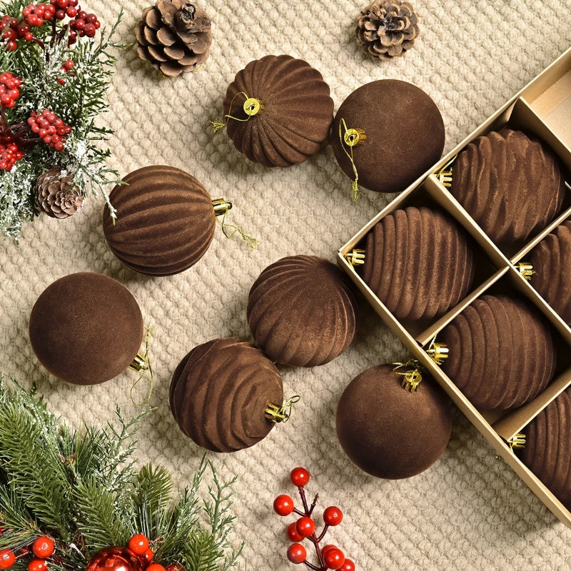 12Pcs 8Cm/3" Brown Christmas Balls Luxury Flocking Xmas Decorative Hanging Ornaments New Year Party Christmas Spheres Pendant Set