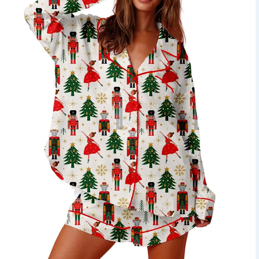 Women Christmas Pajamas Lounge Set Christmas Tree/Santa/Candy Cane Print Long Sleeve Tops and Shorts 2 Piece Loungewear Outfits