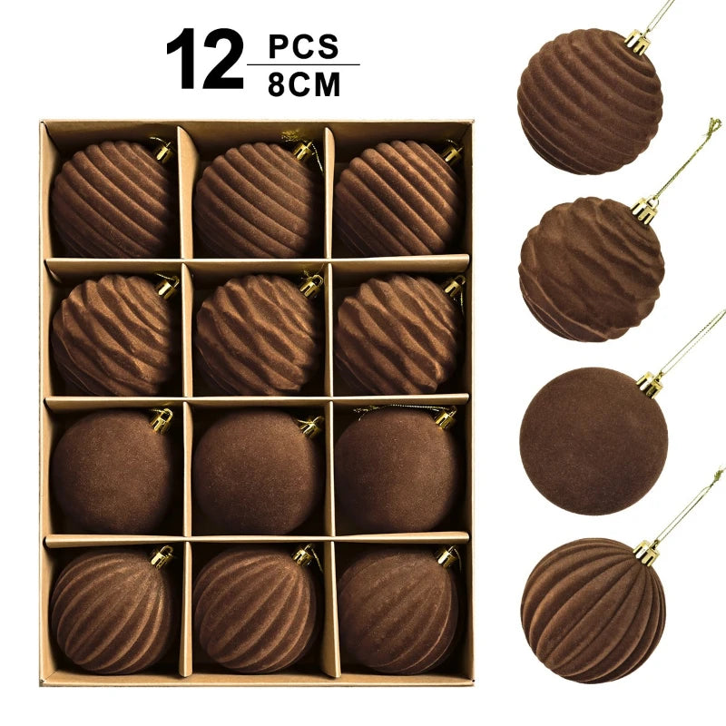 12Pcs 8Cm/3" Brown Christmas Balls Luxury Flocking Xmas Decorative Hanging Ornaments New Year Party Christmas Spheres Pendant Set
