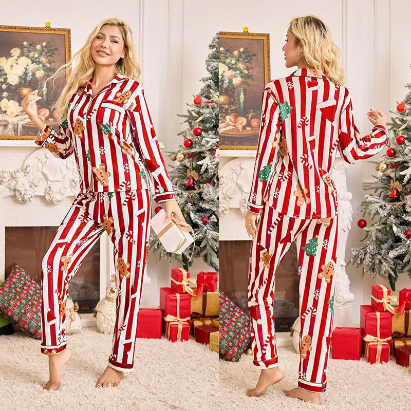 Christmas Lady'S Pajama with Turned-Up Collar, Christmas Hat, Long-Sleeved Pants, Outerwear Set for Women