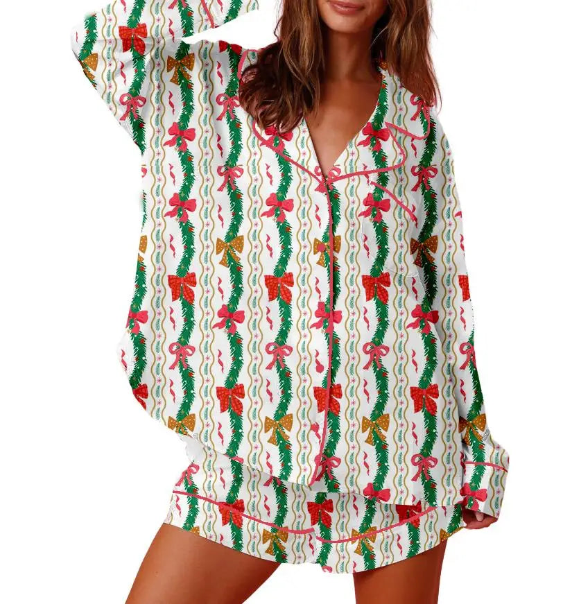Women Christmas Pajamas Lounge Set Christmas Tree/Santa/Candy Cane Print Long Sleeve Tops and Shorts 2 Piece Loungewear Outfits