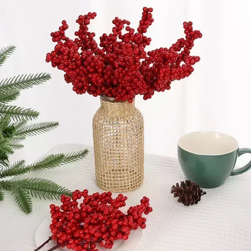 Artificial Berries Christmas Decoration Red Berry Branches for Xmas Tree Party Home Table Ornaments Red Fruit Wreath DIY Gift