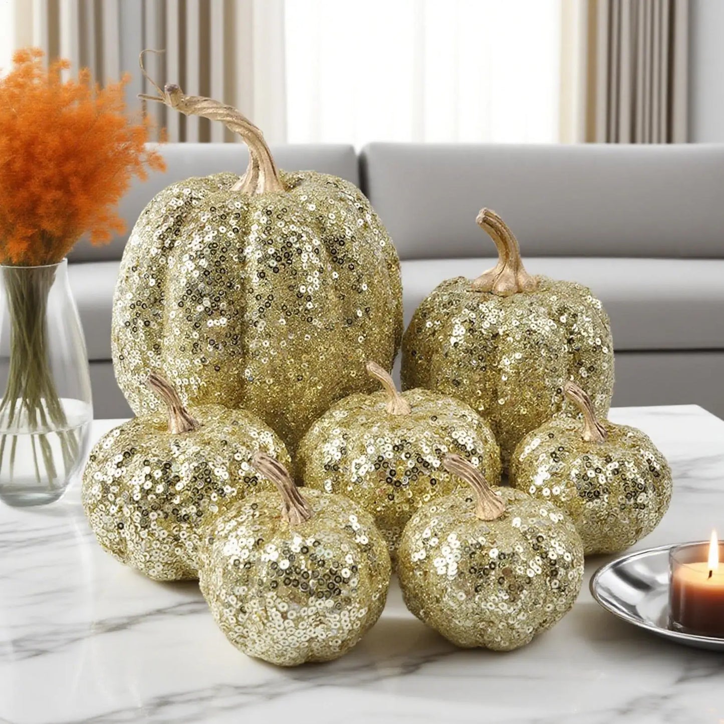 Fake Pumpkins Fall Halloween Decorations Festive 7 Pieces Ornament Glitter Statue for Party Table Shelf Holiday Hallway Bedroom