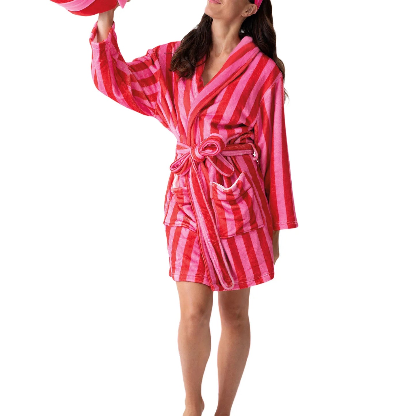 Christmas Fuzzy Fleece Robes for Women Cozy Plush Bathrobe Shawl Collar Warm Winter Short Robes with Belt Pockets Ladies