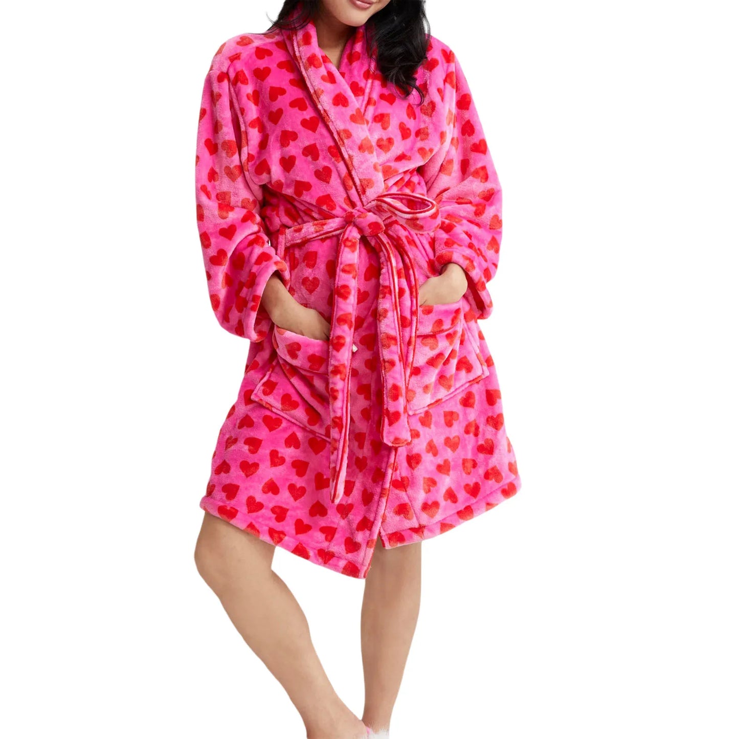 Christmas Fuzzy Fleece Robes for Women Cozy Plush Bathrobe Shawl Collar Warm Winter Short Robes with Belt Pockets Ladies