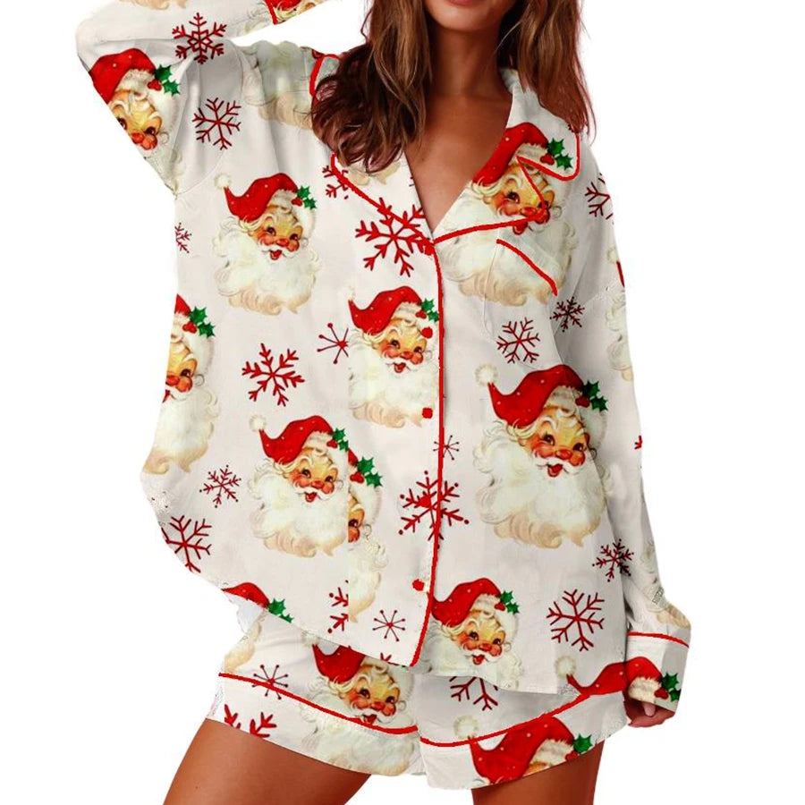 Women Christmas Pajamas Lounge Set Christmas Tree/Santa/Candy Cane Print Long Sleeve Tops and Shorts 2 Piece Loungewear Outfits