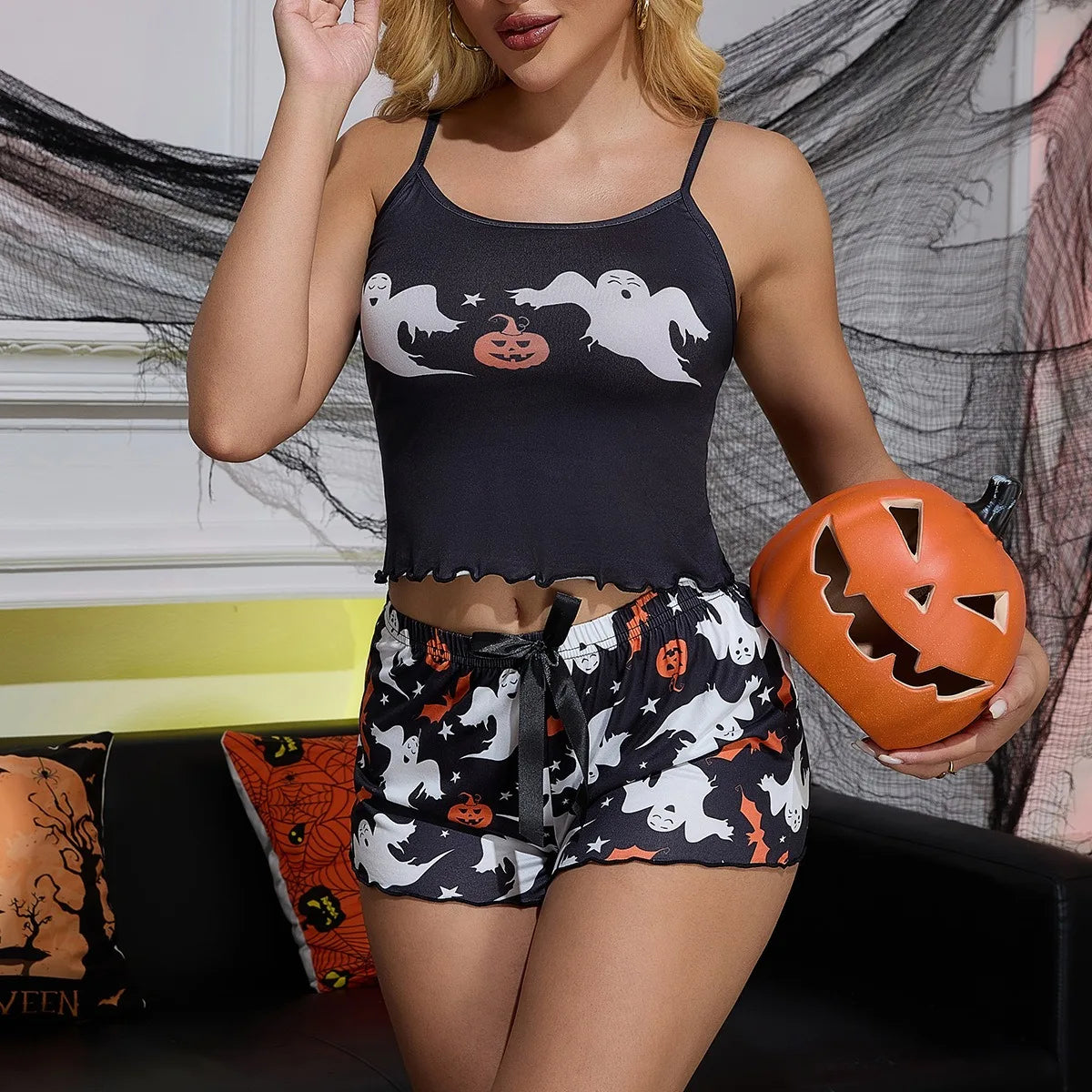 Halloween Best-Selling Pajama Set for Women Featuring Ghost Pumpkin Print with a Halter Top Short Pants Suitable for Home Wear