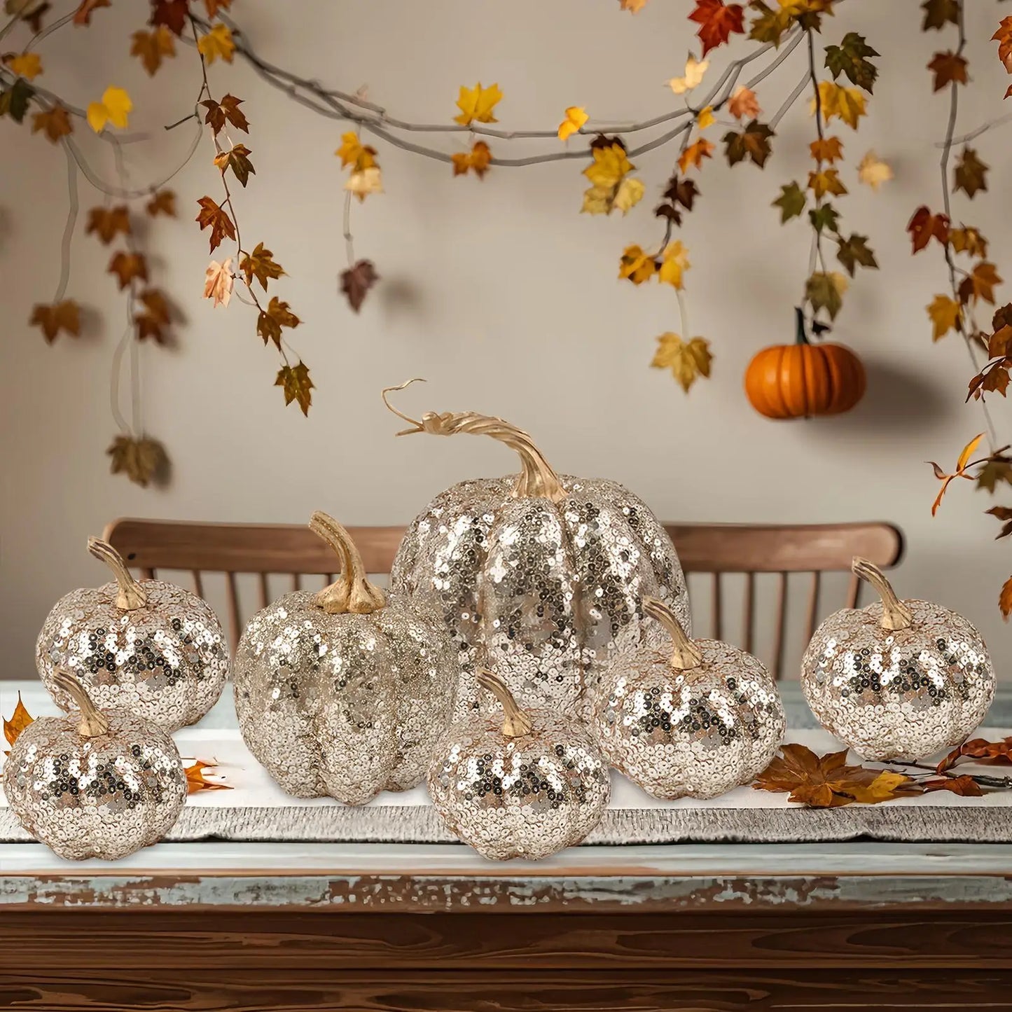 Fake Pumpkins Fall Halloween Decorations Festive 7 Pieces Ornament Glitter Statue for Party Table Shelf Holiday Hallway Bedroom