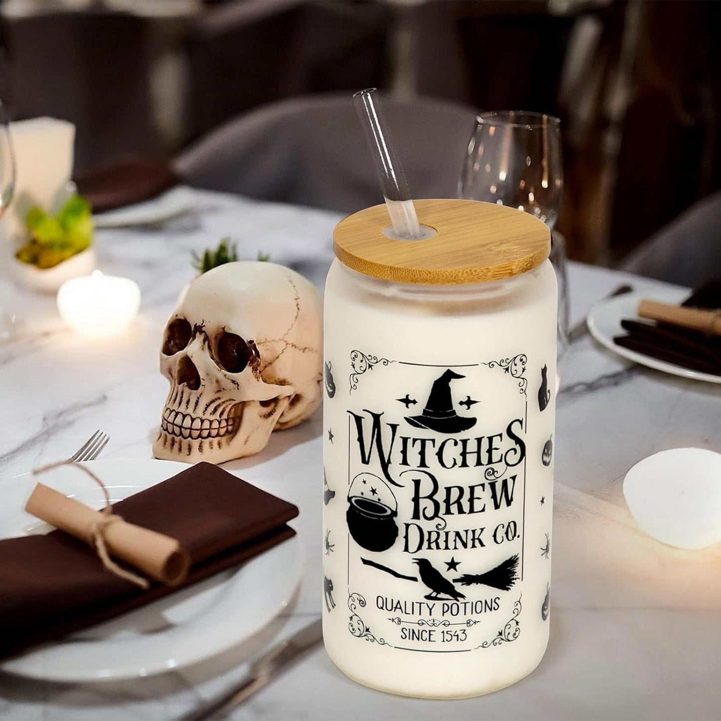 Halloween Glass Cup, 18Oz Frosted Witch Iced Coffee Can Cup Tumbler with Lid and Straw, Witch Tumbler Beer Can Glass, Halloween Gifts Decorations