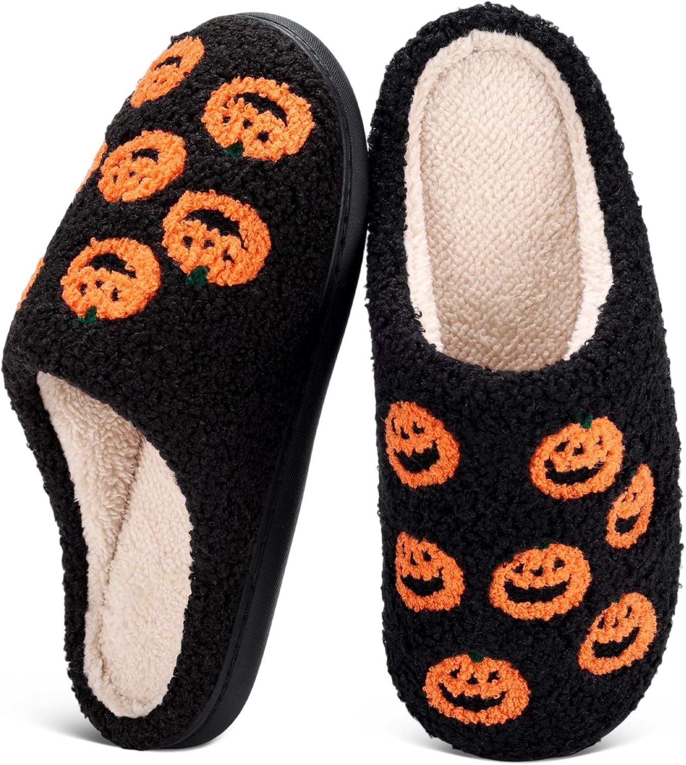 Halloween Slippers for Women Men Spooky Pumpkin Ghost Fuzzy Plush Warm Cozy Slippers Indoor Outdoor House Shoes