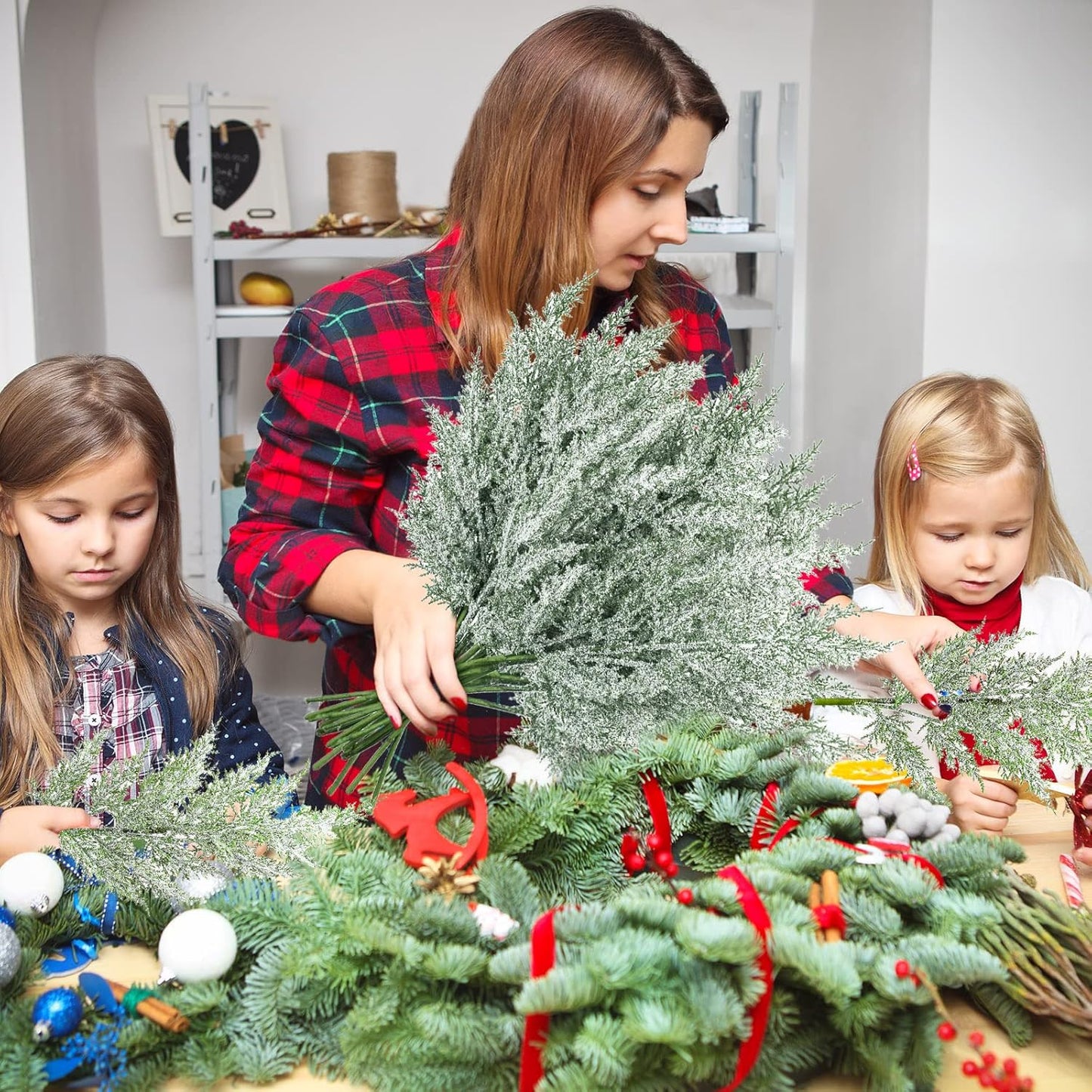 Yinder 24 Pcs 18.5 Inch Snowy Faux Cedar Branches Frosted Artificial Cedar Picks and Sprays Cedar Twigs Stems Christmas Greenery Stems Green Artificial Cedar Sprigs for Christmas Holiday (Classic)