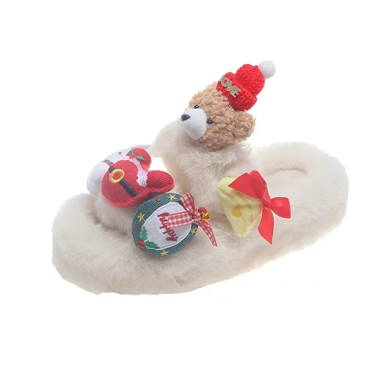 Christmas Women Bear Cotton Plush Slippers 2025 Winter Warm Fluffy Fur Slippers Non-Slip Sole Indoor Home Couple Shoes for Gift