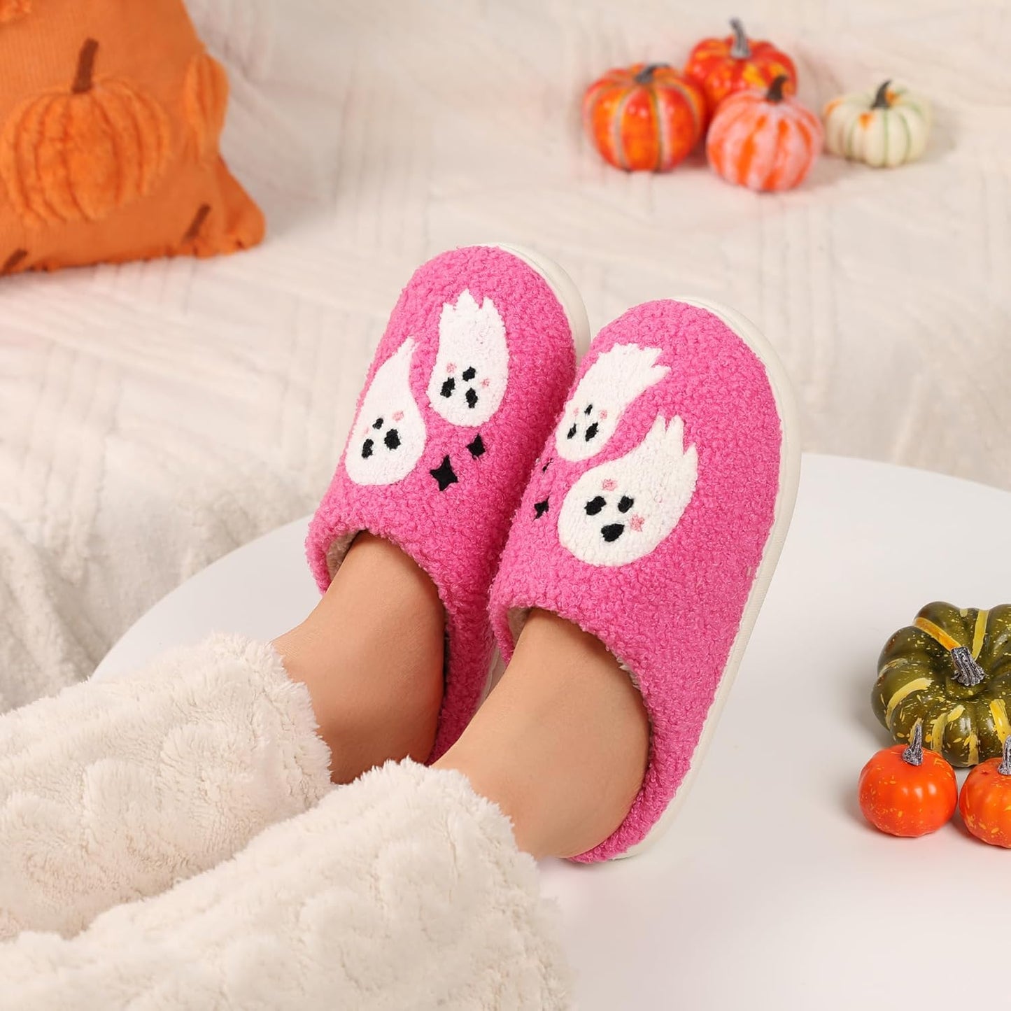 Halloween Slippers for Women Men Spooky Pumpkin Ghost Fuzzy Plush Warm Cozy Slippers Indoor Outdoor House Shoes