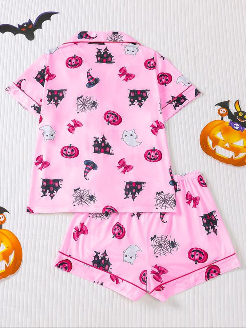 Women'S Ghost Print Shirt & Elastic Waist Shorts Pyjama, Casual Comfy Short Sleeve Top & Shorts Pj Set, Ladies Sleepwear for All Seasons, Loungewear