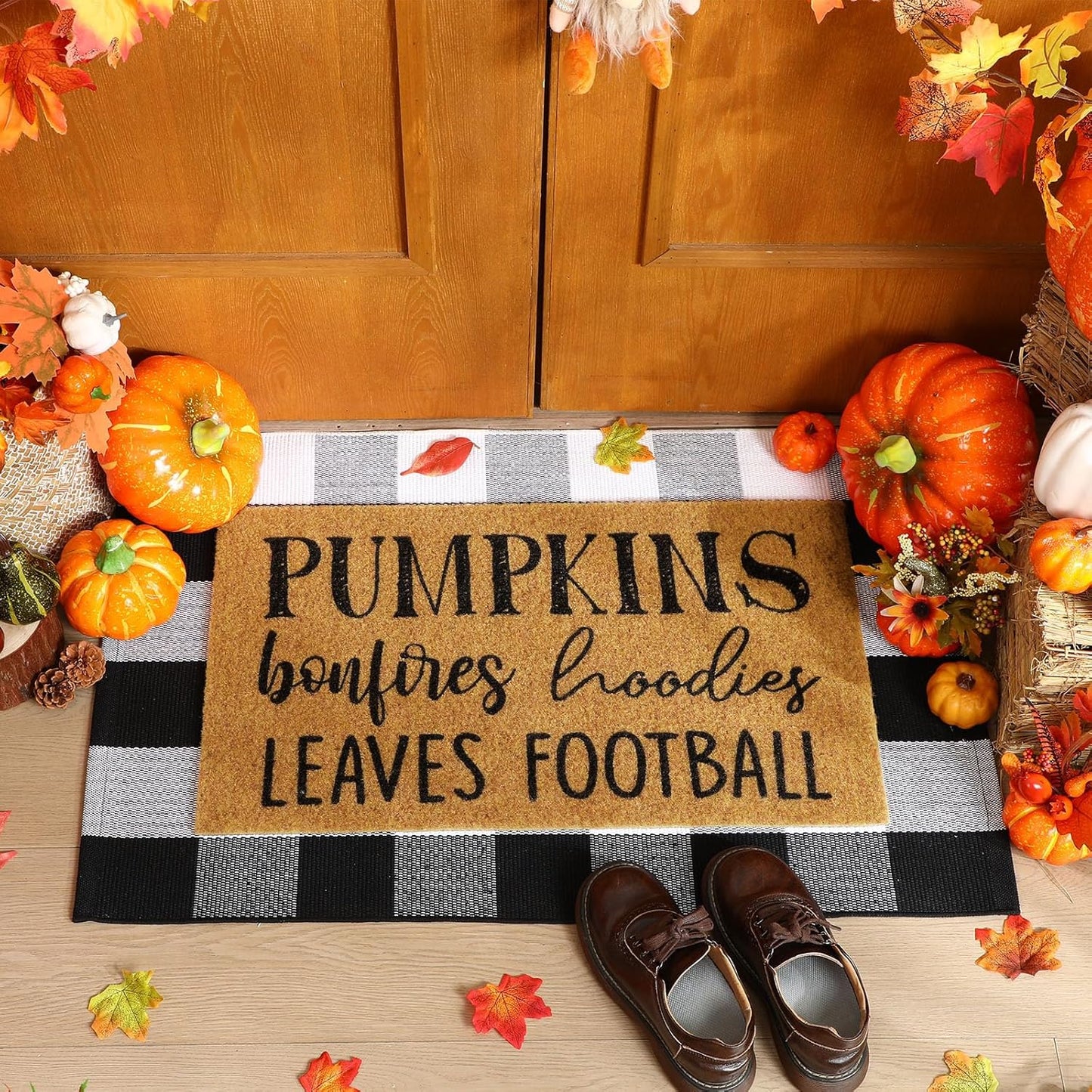 Ceenna Fall Coir Doormat Football Pumpkin Style Coir Welcome Mats Autumn Non Slip Floor Mats Thanksgiving Indoor Entrance Door Mat Porch Front Decor, 16 X 28 Inch(Pumpkin Bonfire)