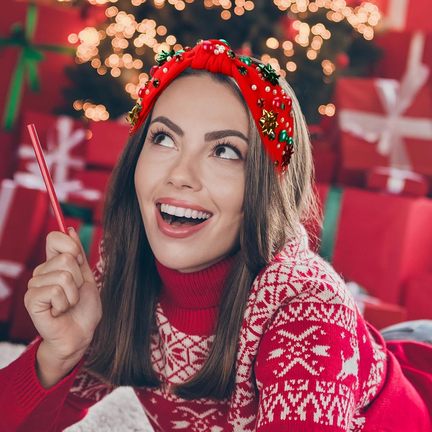 2 Pack Christmas Headband for Women Pearl Rhinestone Crystal Jeweled Xmas Flower Embellished Ladies Wide Top Knot Red Green Makeup Hair Hoop Accessory Holiday Party Costume Decor Gifts