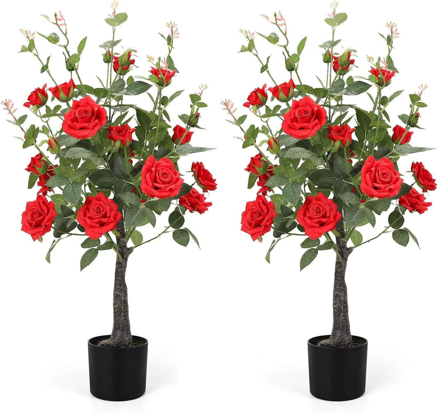 Romantic Season 2Pack Artificial Rose Flower Trees, 42Inch White Faux Rose Tree with Green Leaves for Living Room Office Home Outdoor Indoor Decor