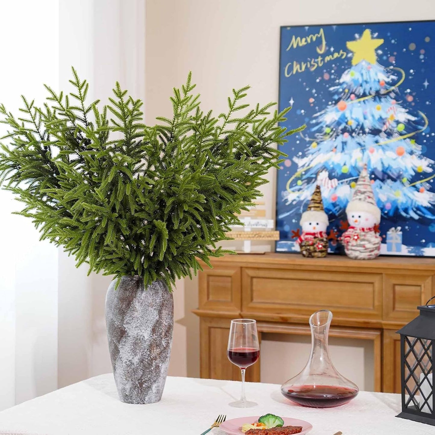 6 Pcs Christmas Norfolk Pine Branches - 36" Artificial Norfolk Branch Faux Stem Greenery Pine Picks for Vase DIY Crafts Garland Wreath Xmas Indoor Outdoor Home Decor