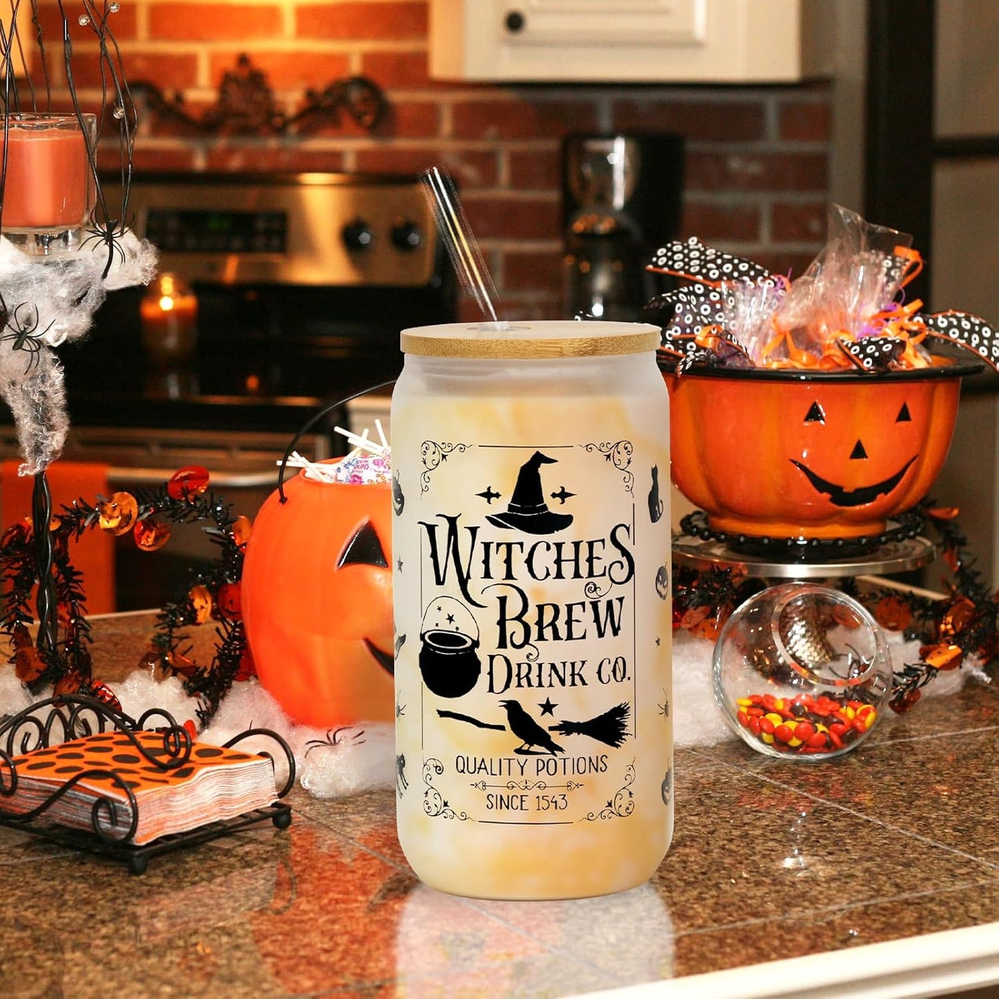 Halloween Glass Cup, 18Oz Frosted Witch Iced Coffee Can Cup Tumbler with Lid and Straw, Witch Tumbler Beer Can Glass, Halloween Gifts Decorations