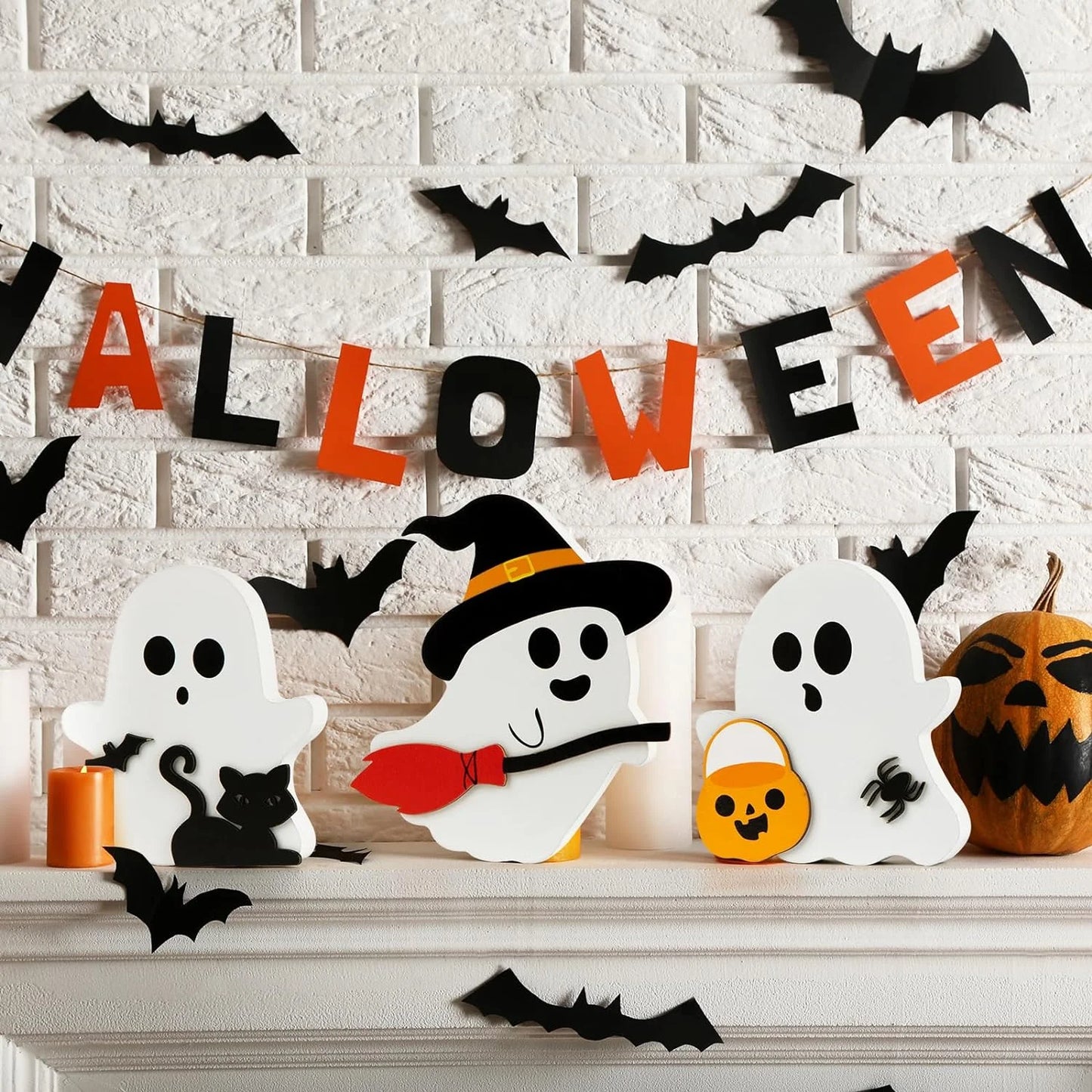 Halloween Tier Tray Decorations Cute Ghost Halloween Tabletop Decor Table Wooden Signs Table Centerpieces Rustic Farmhouse Indoor Decorations for Halloween Fall Party Home Kitchen