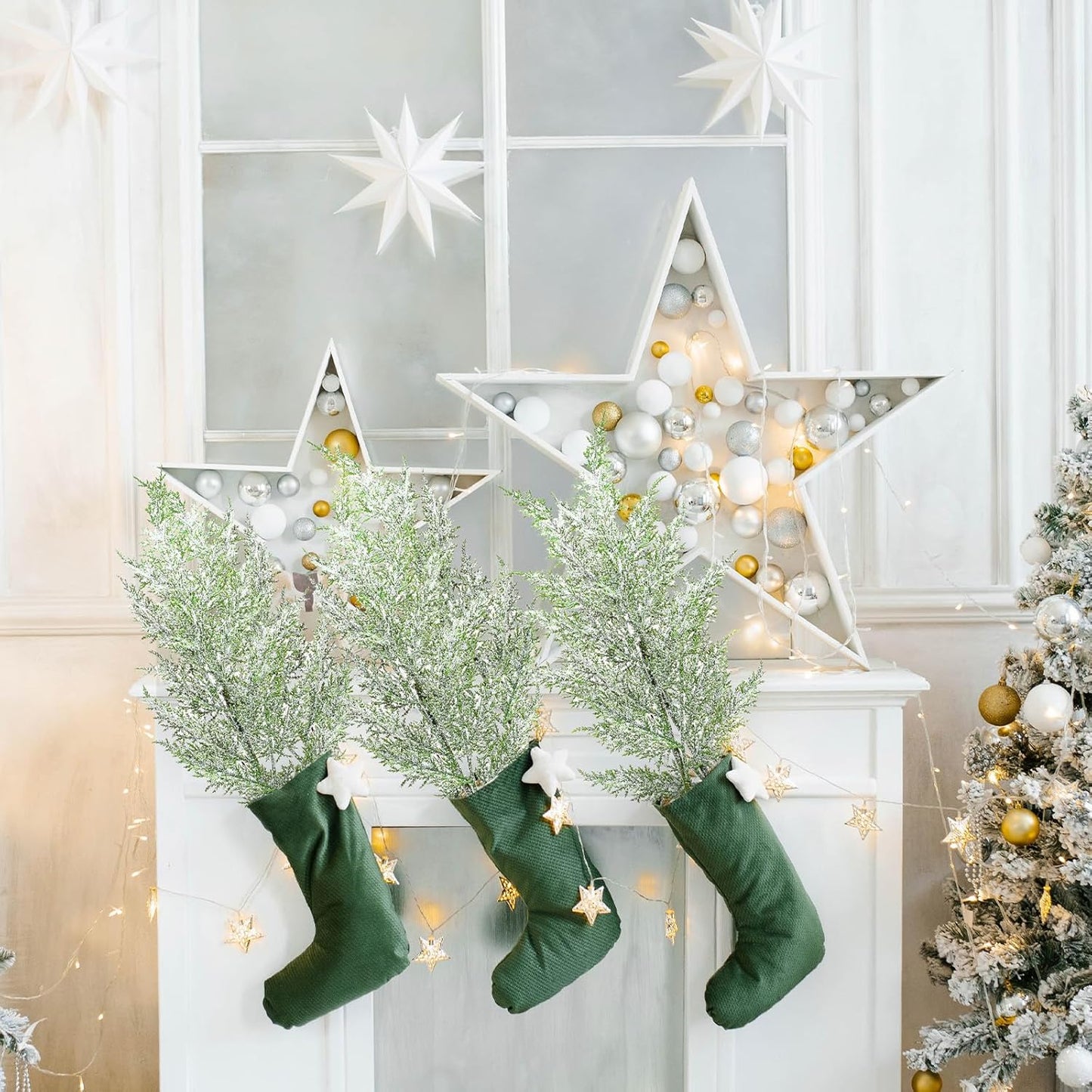 Yinder 24 Pcs 18.5 Inch Snowy Faux Cedar Branches Frosted Artificial Cedar Picks and Sprays Cedar Twigs Stems Christmas Greenery Stems Green Artificial Cedar Sprigs for Christmas Holiday (Classic)