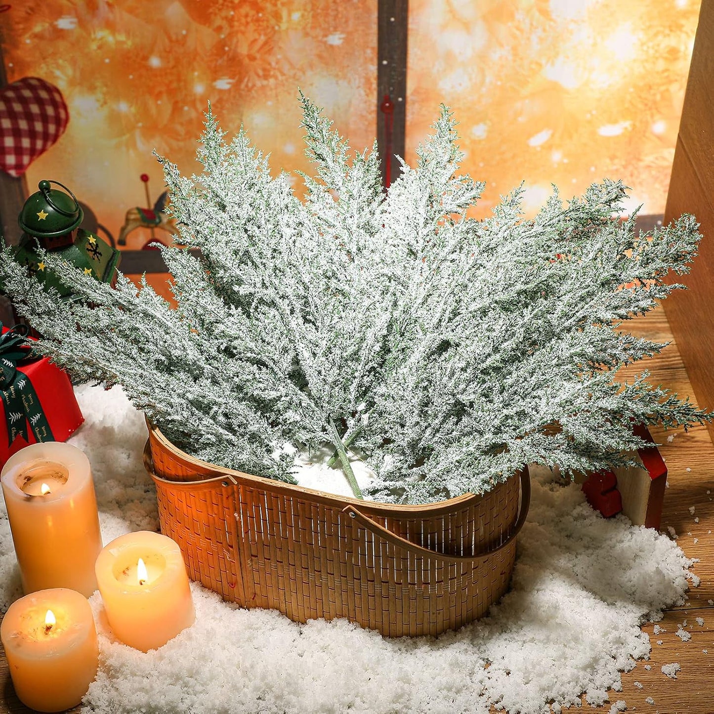 Yinder 24 Pcs 18.5 Inch Snowy Faux Cedar Branches Frosted Artificial Cedar Picks and Sprays Cedar Twigs Stems Christmas Greenery Stems Green Artificial Cedar Sprigs for Christmas Holiday (Classic)