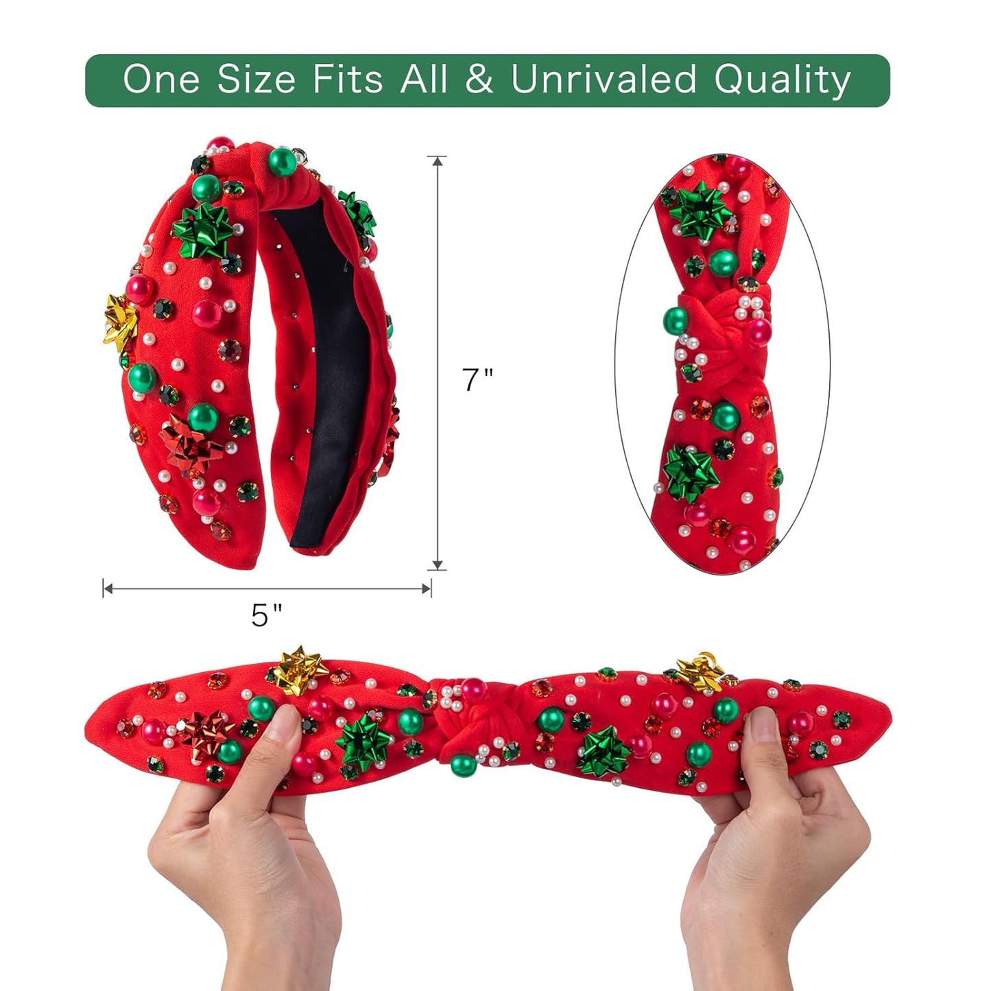 2 Pack Christmas Headband for Women Pearl Rhinestone Crystal Jeweled Xmas Flower Embellished Ladies Wide Top Knot Red Green Makeup Hair Hoop Accessory Holiday Party Costume Decor Gifts