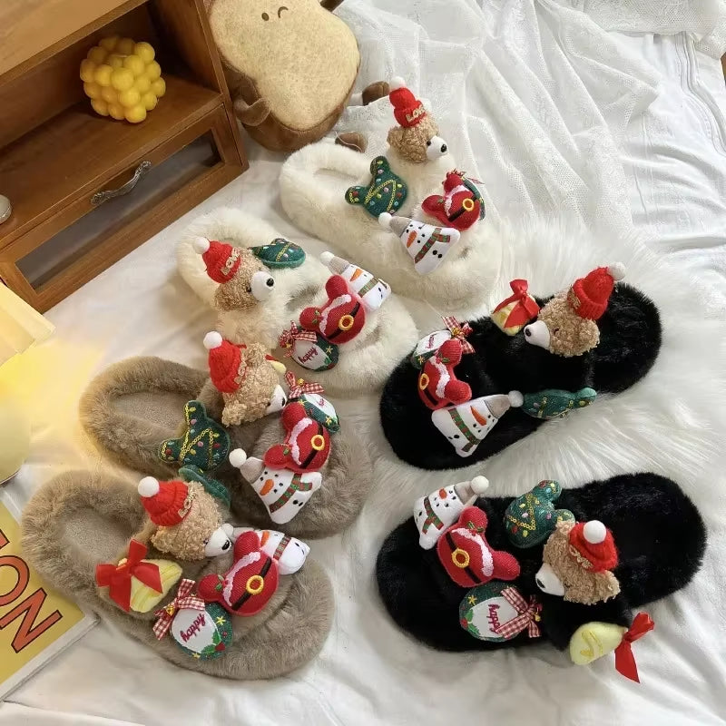 Christmas Women Bear Cotton Plush Slippers 2025 Winter Warm Fluffy Fur Slippers Non-Slip Sole Indoor Home Couple Shoes for Gift