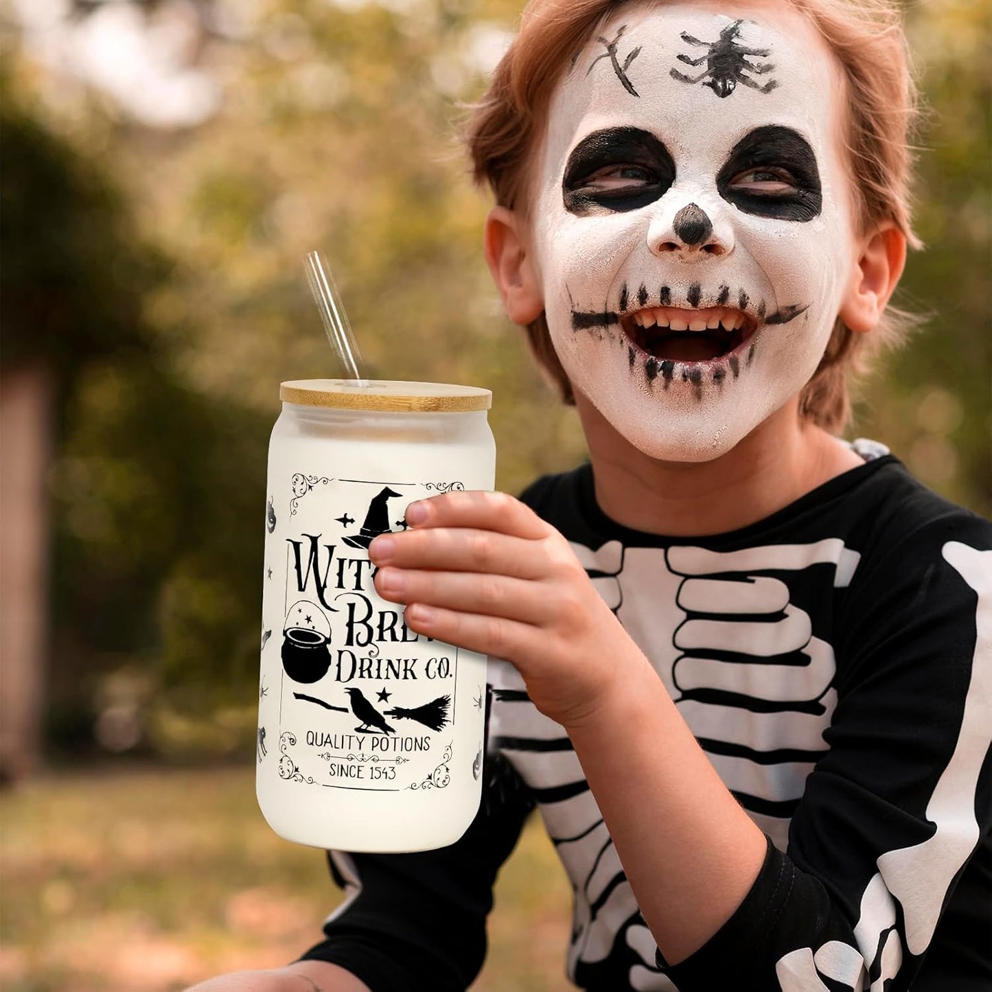 Halloween Glass Cup, 18Oz Frosted Witch Iced Coffee Can Cup Tumbler with Lid and Straw, Witch Tumbler Beer Can Glass, Halloween Gifts Decorations