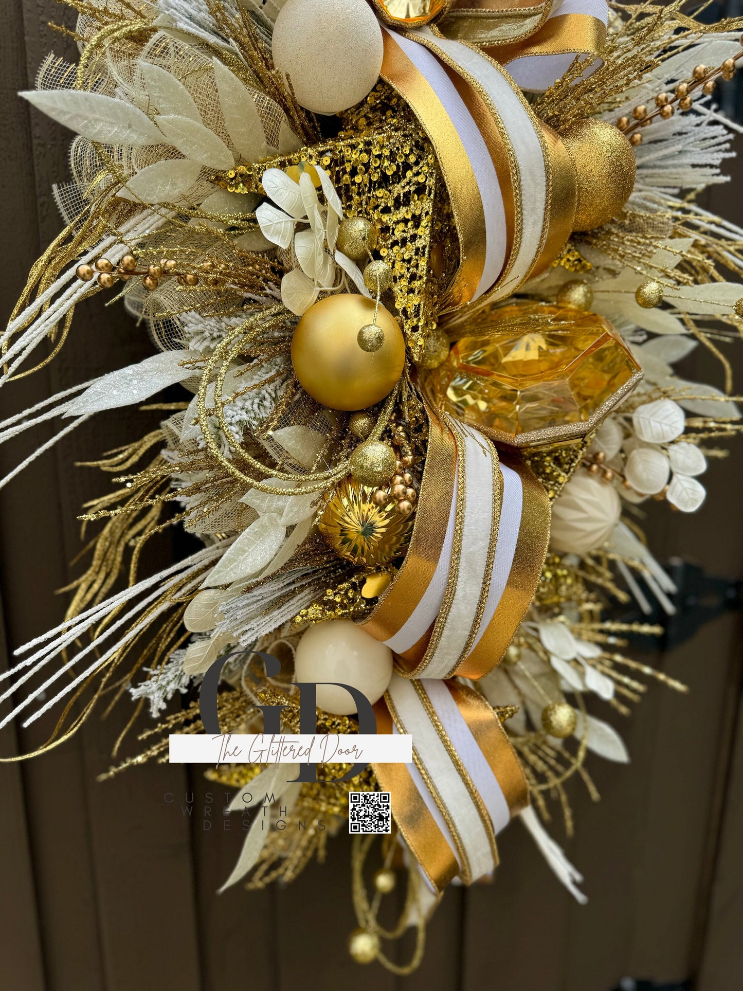 Front Door White and Gold elegant glam xl swag wreath Jewel Ornament wreath Designer Ribbon Holiday decor Christmas decor