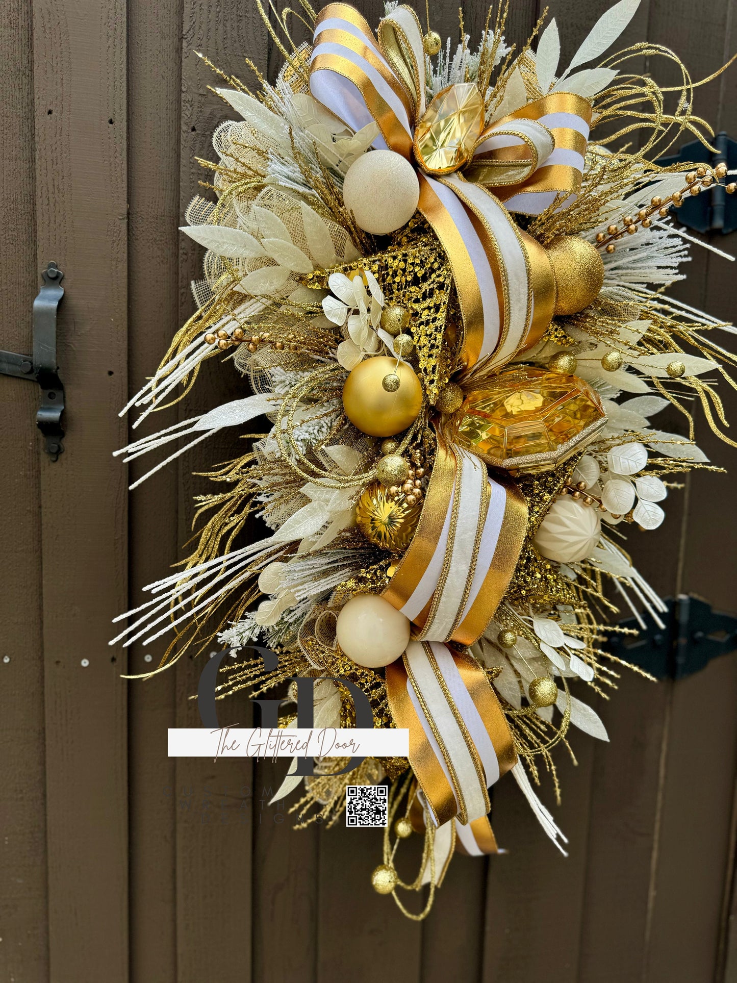 Front Door White and Gold elegant glam xl swag wreath Jewel Ornament wreath Designer Ribbon Holiday decor Christmas decor