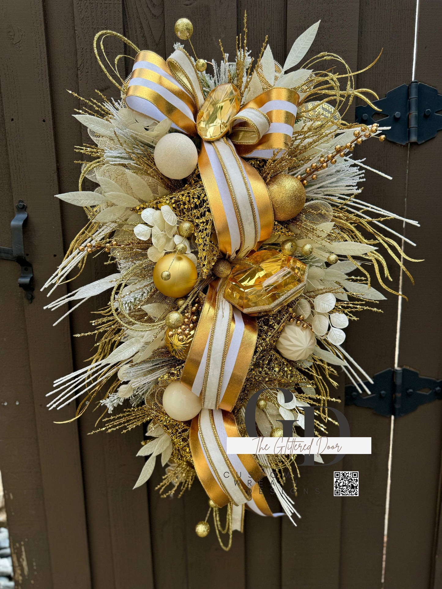 Front Door White and Gold elegant glam xl swag wreath Jewel Ornament wreath Designer Ribbon Holiday decor Christmas decor