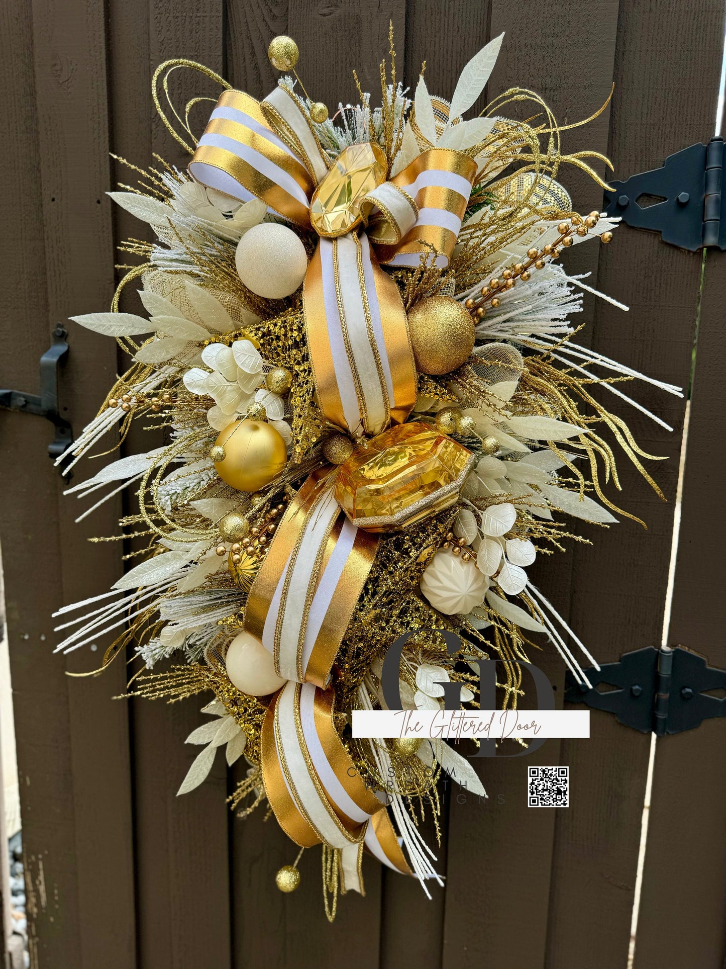 Front Door White and Gold elegant glam xl swag wreath Jewel Ornament wreath Designer Ribbon Holiday decor Christmas decor