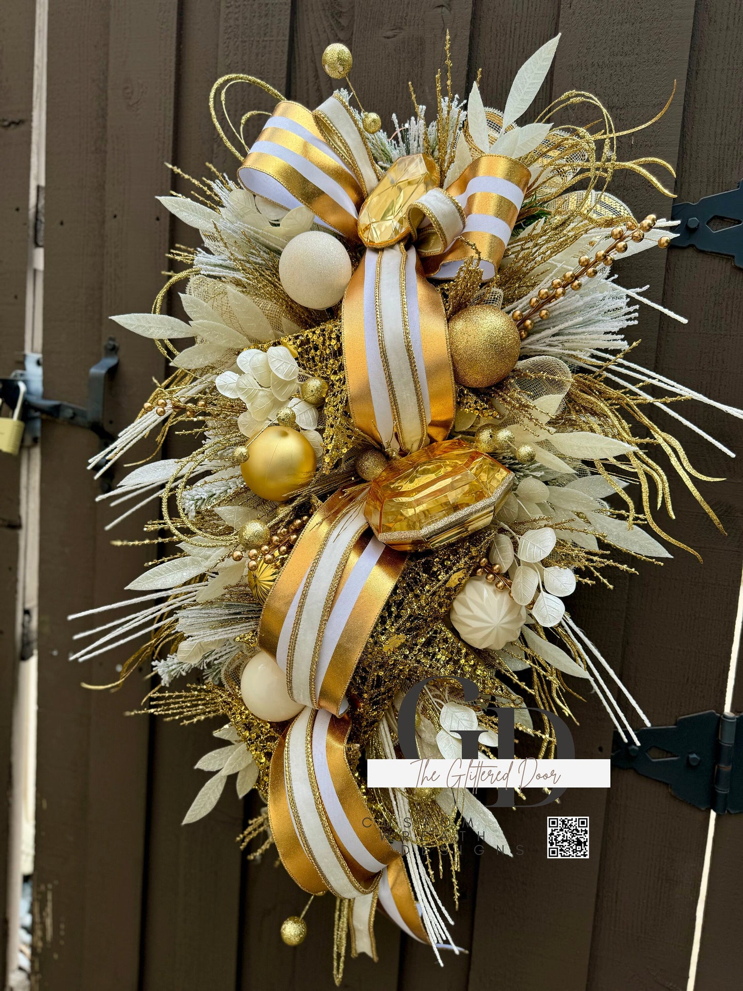 Front Door White and Gold elegant glam xl swag wreath Jewel Ornament wreath Designer Ribbon Holiday decor Christmas decor