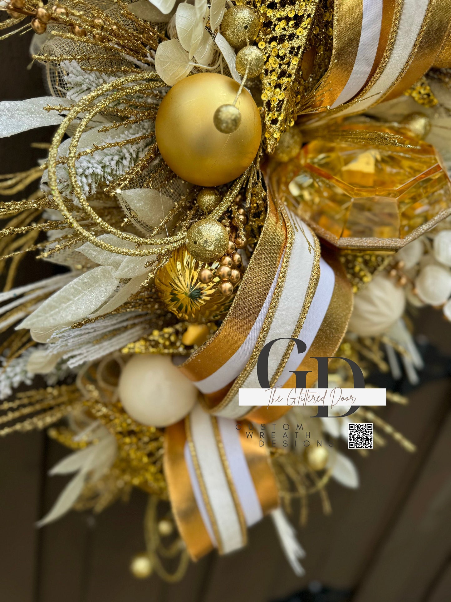 Front Door White and Gold elegant glam xl swag wreath Jewel Ornament wreath Designer Ribbon Holiday decor Christmas decor
