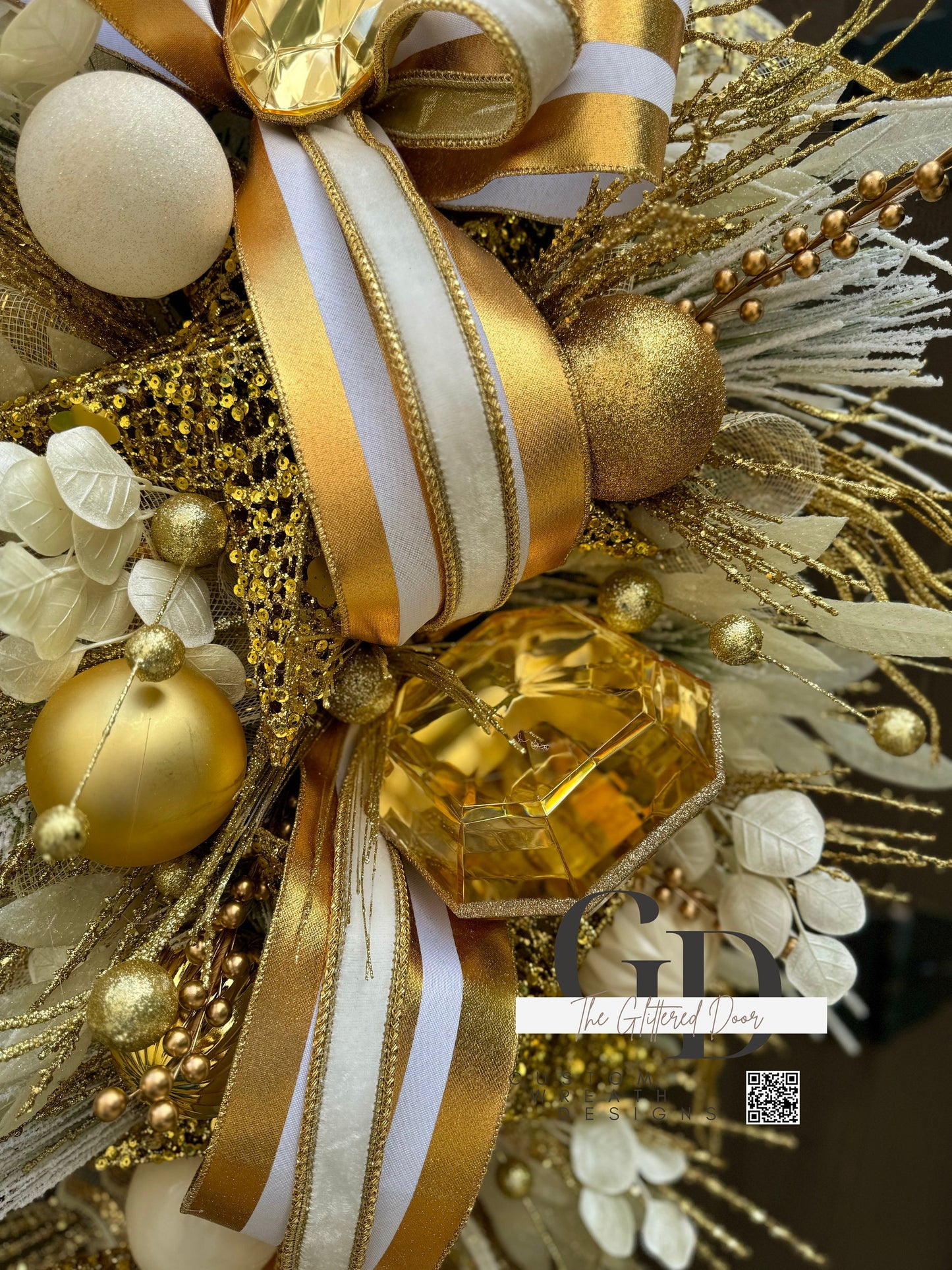 Front Door White and Gold elegant glam xl swag wreath Jewel Ornament wreath Designer Ribbon Holiday decor Christmas decor