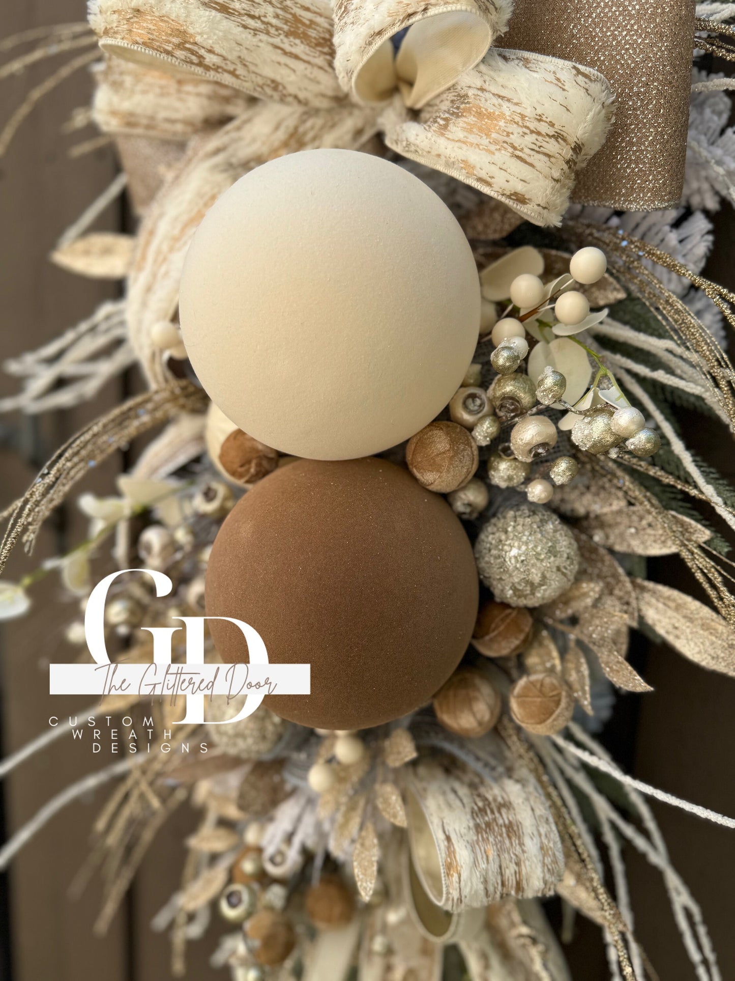 Rustic Christmas Decor Champagne and Taupe glam swag wreath Natural Christmas wreath Designer Ribbon Holiday decor Christmas decor