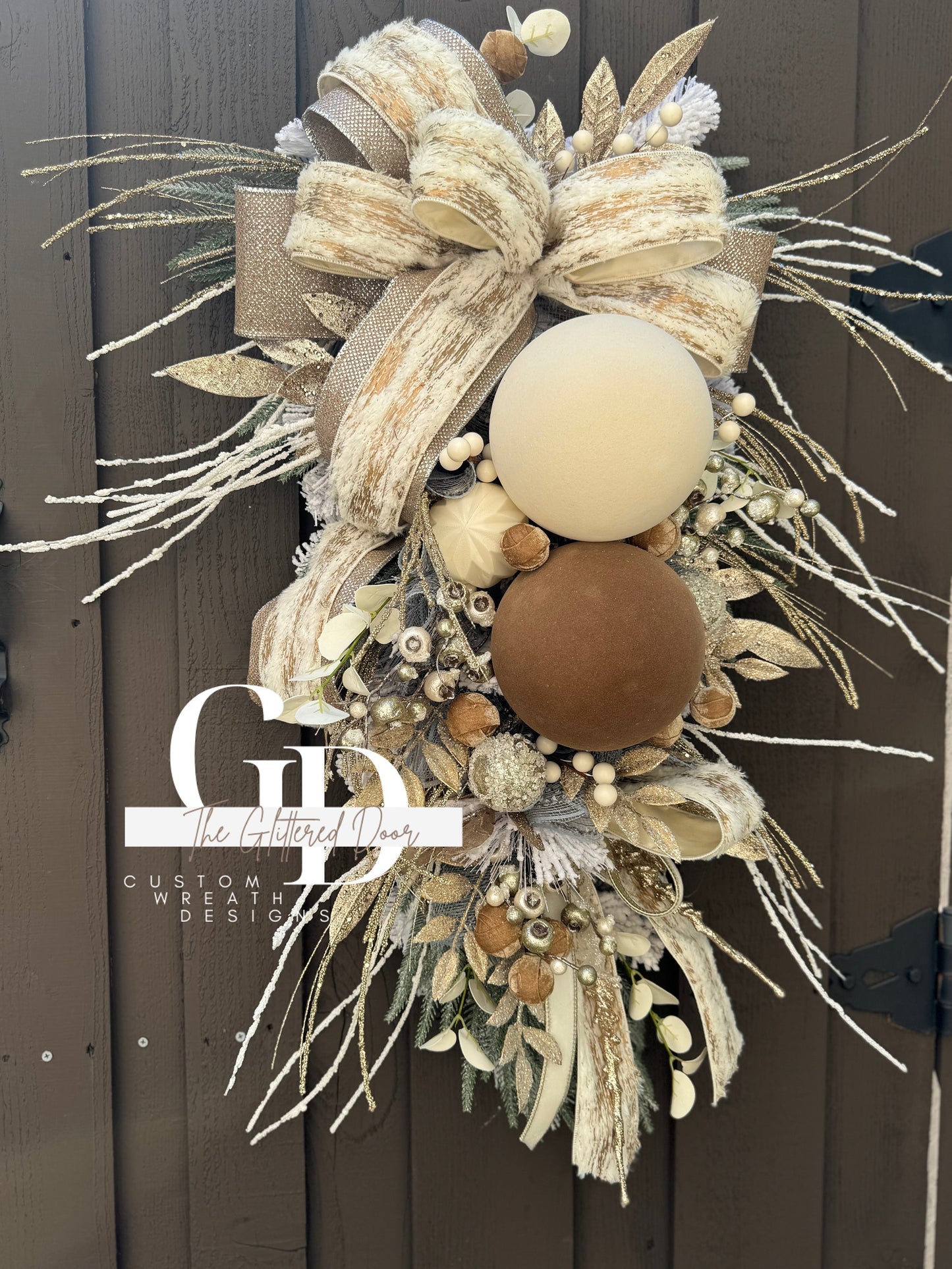 Rustic Christmas Decor Champagne and Taupe glam swag wreath Natural Christmas wreath Designer Ribbon Holiday decor Christmas decor