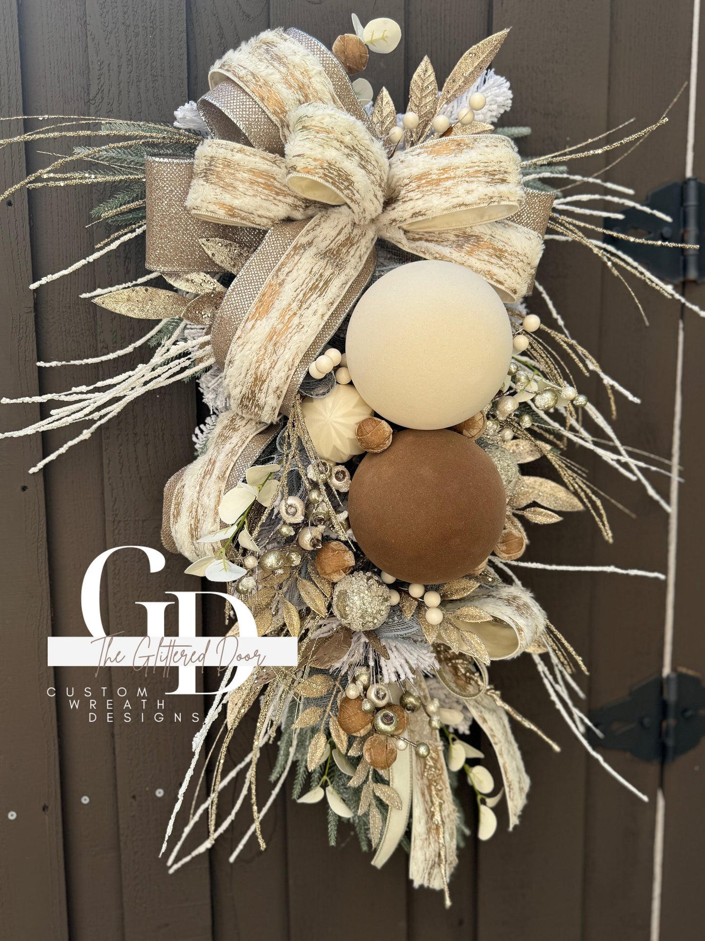 Rustic Christmas Decor Champagne and Taupe glam swag wreath Natural Christmas wreath Designer Ribbon Holiday decor Christmas decor