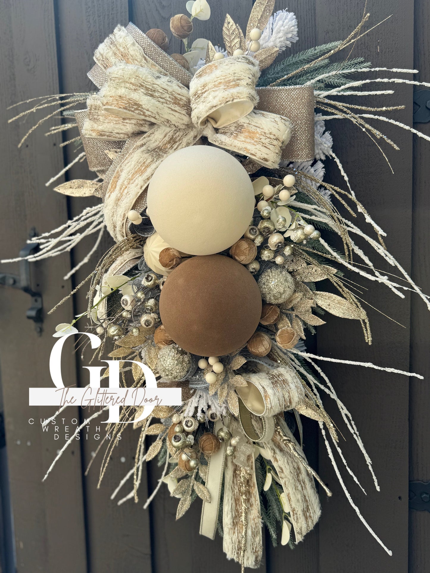 Rustic Christmas Decor Champagne and Taupe glam swag wreath Natural Christmas wreath Designer Ribbon Holiday decor Christmas decor