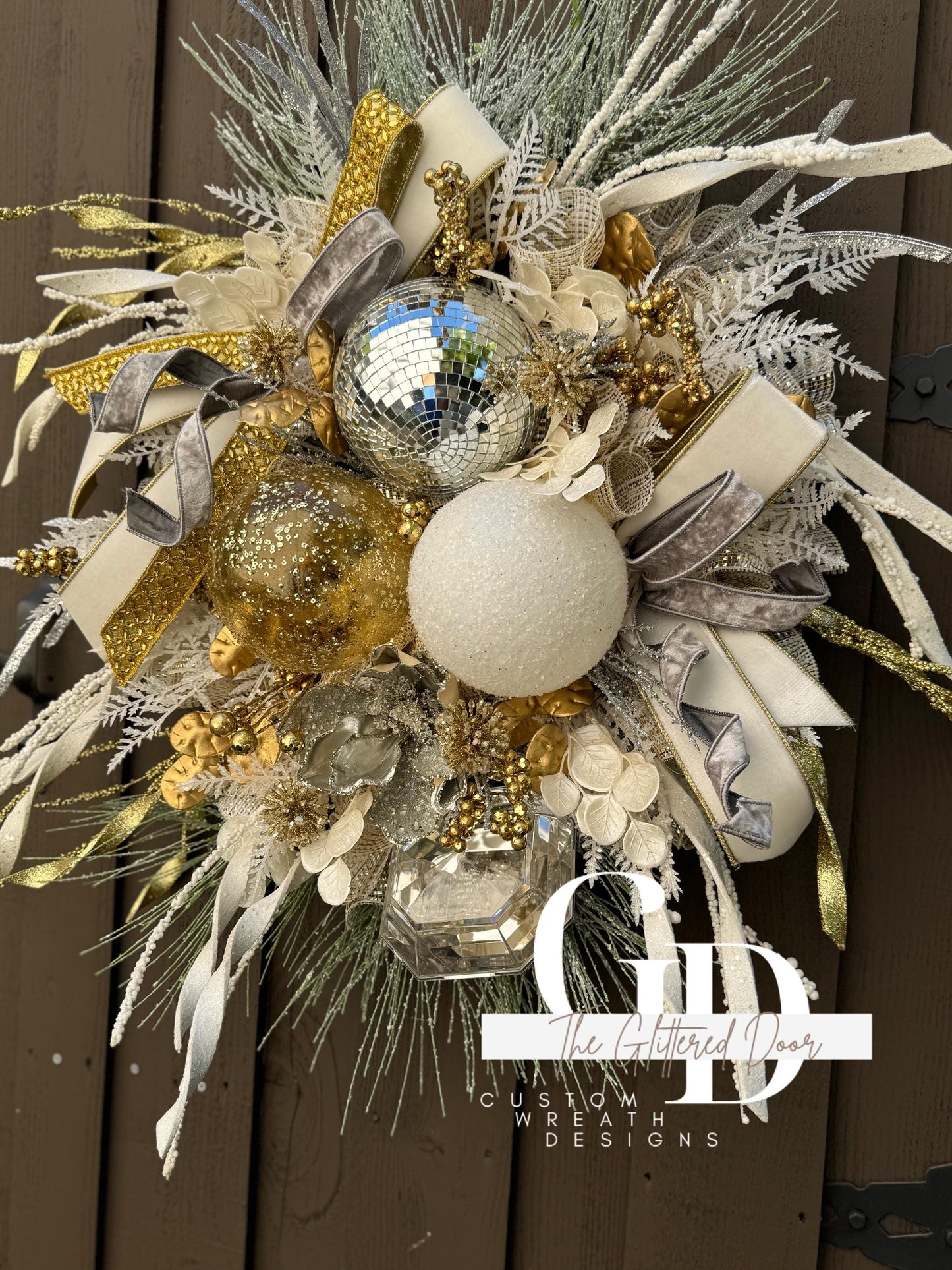 White Silver and Gold Disco Ball glam wreath Jewel Ornament wreath Elegant Christmas Wreath Designer Ribbon Holiday decor Christmas decor