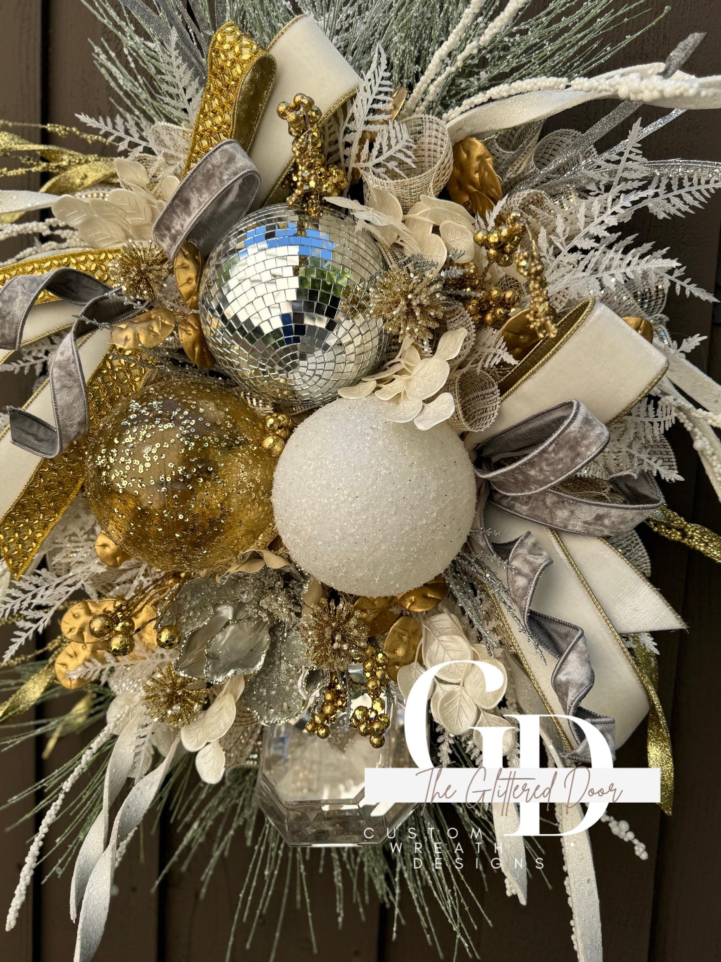 White Silver and Gold Disco Ball glam wreath Jewel Ornament wreath Elegant Christmas Wreath Designer Ribbon Holiday decor Christmas decor