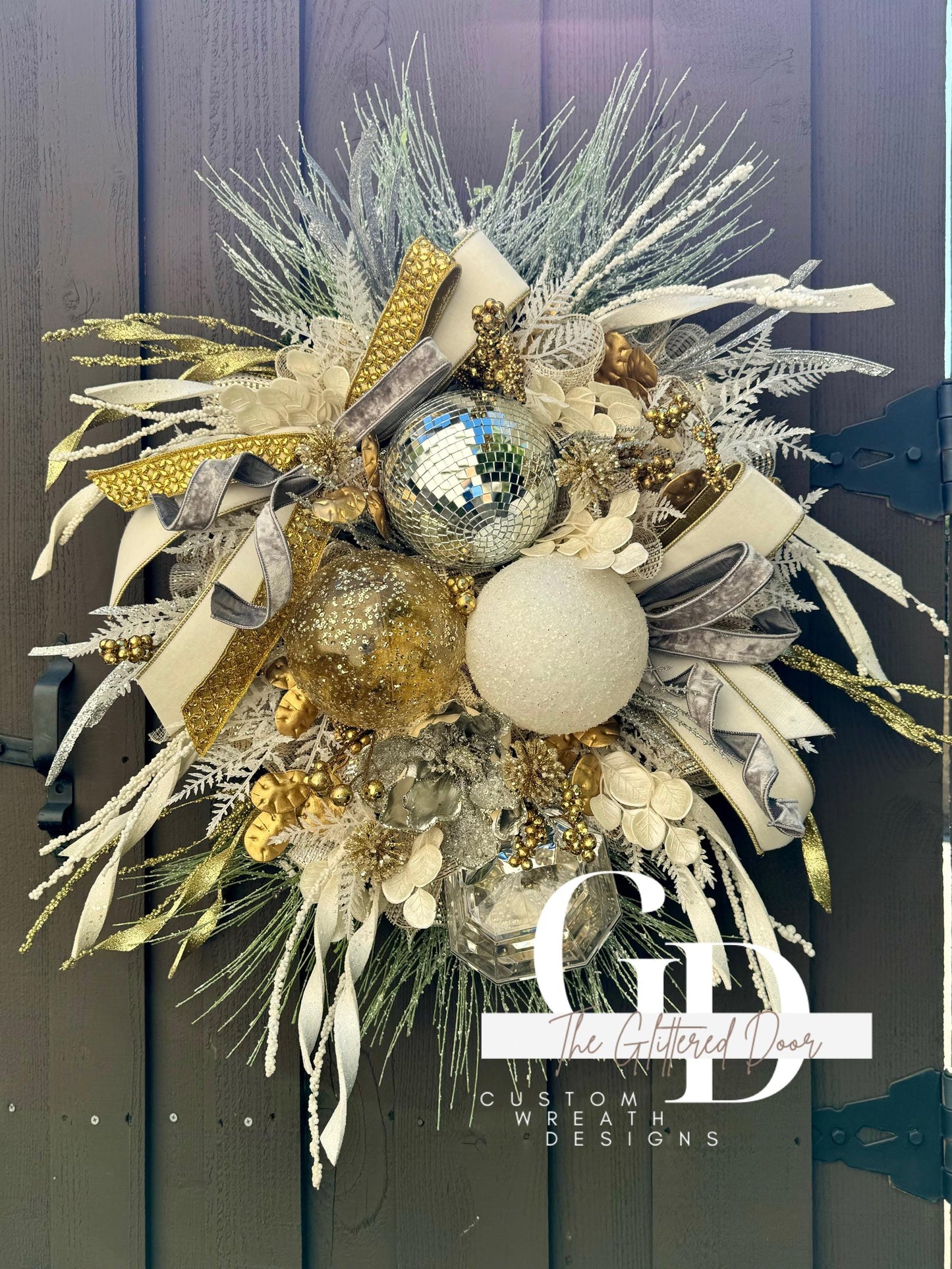 White Silver and Gold Disco Ball glam wreath Jewel Ornament wreath Elegant Christmas Wreath Designer Ribbon Holiday decor Christmas decor