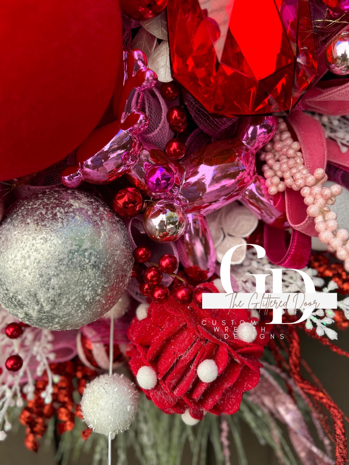 Pink & Red Christmas xl wreath Whimsical Christmas wreath Candy stripe Design Jewel Ornaments wreath Christmas door decor