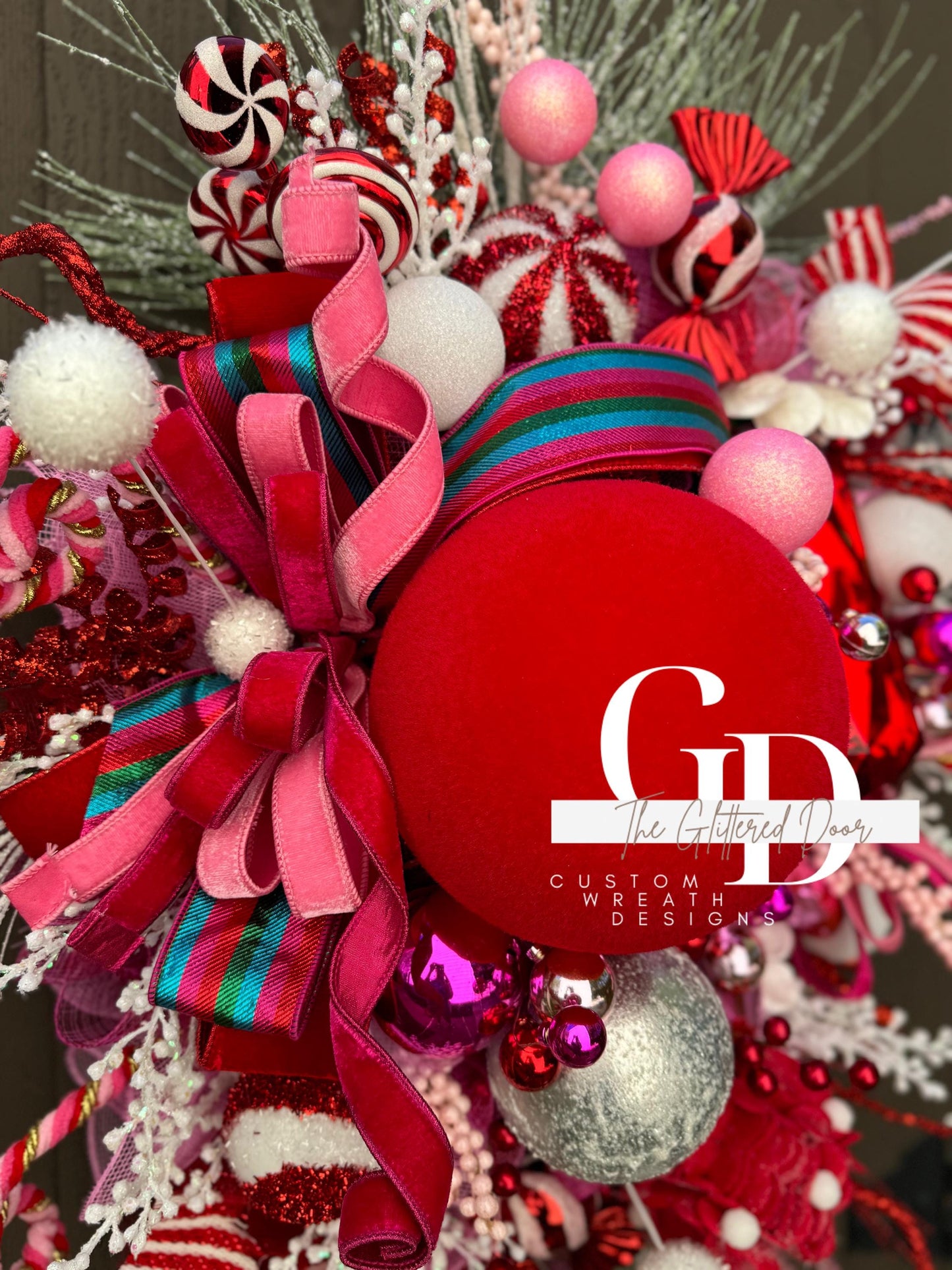 Pink & Red Christmas xl wreath Whimsical Christmas wreath Candy stripe Design Jewel Ornaments wreath Christmas door decor